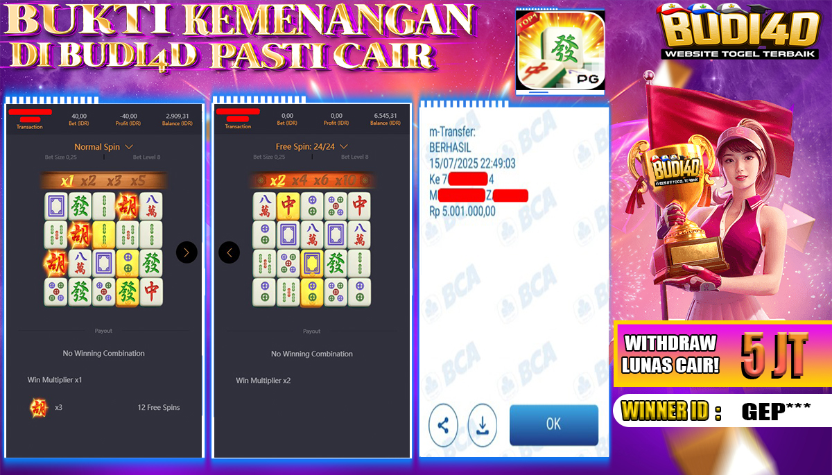 BUDI4D JACKPOT USERID: GEP**** SLOT PGSOFT MAHJONG WAYS Rp.5.001.000,- LUNAS